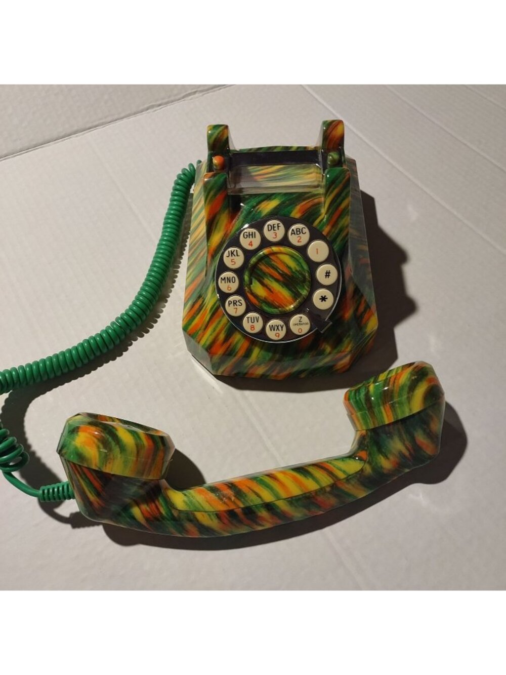 Modern Touch Tone, (Digitone) Phone w/ vibrant Swirled Green & Orange Design